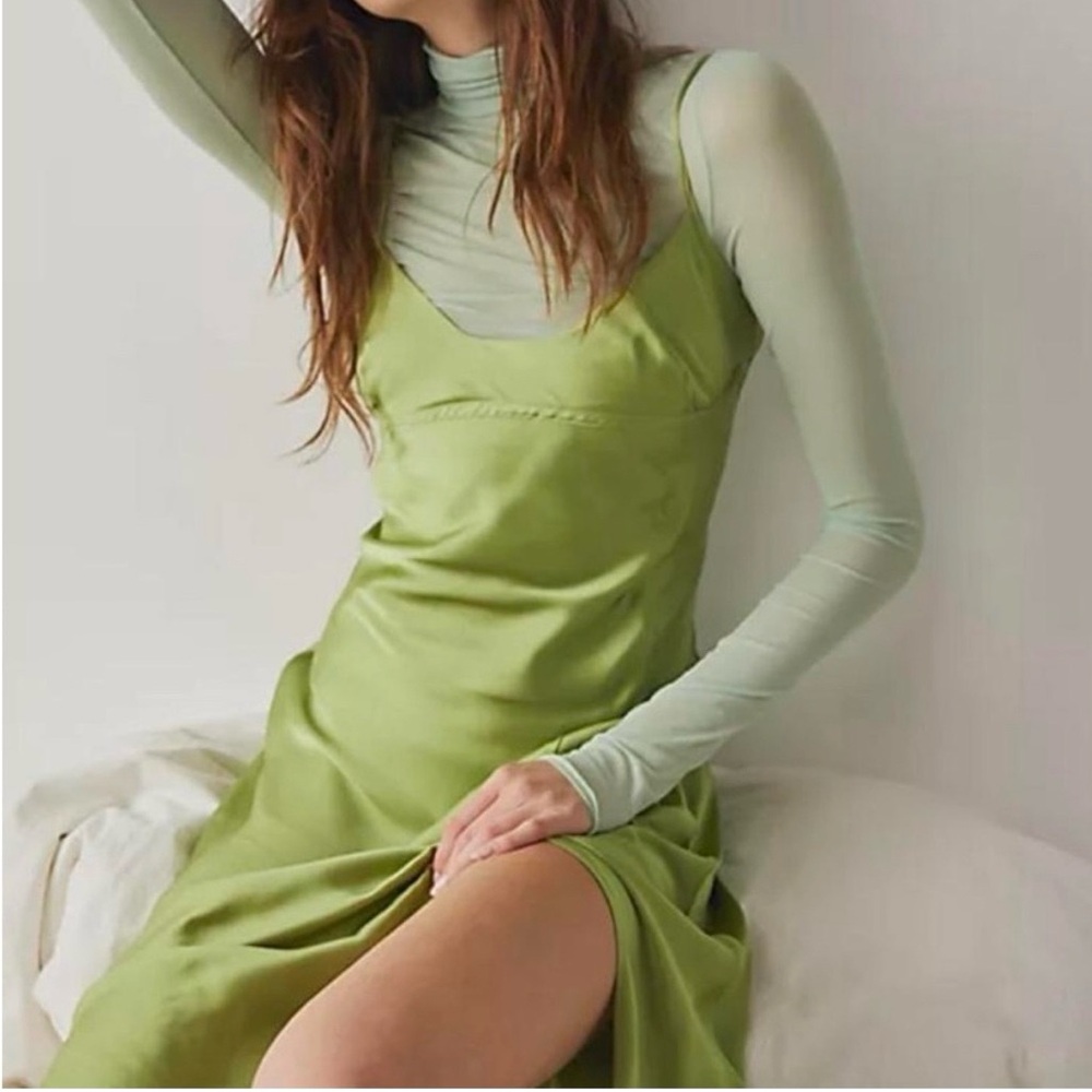 Free People Olive Green Satin Midi Slip Dress